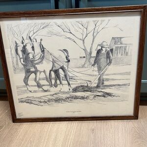 Vintage print “WORLD PLOUGHING CONTEST” 1972 horse pencil drawing print